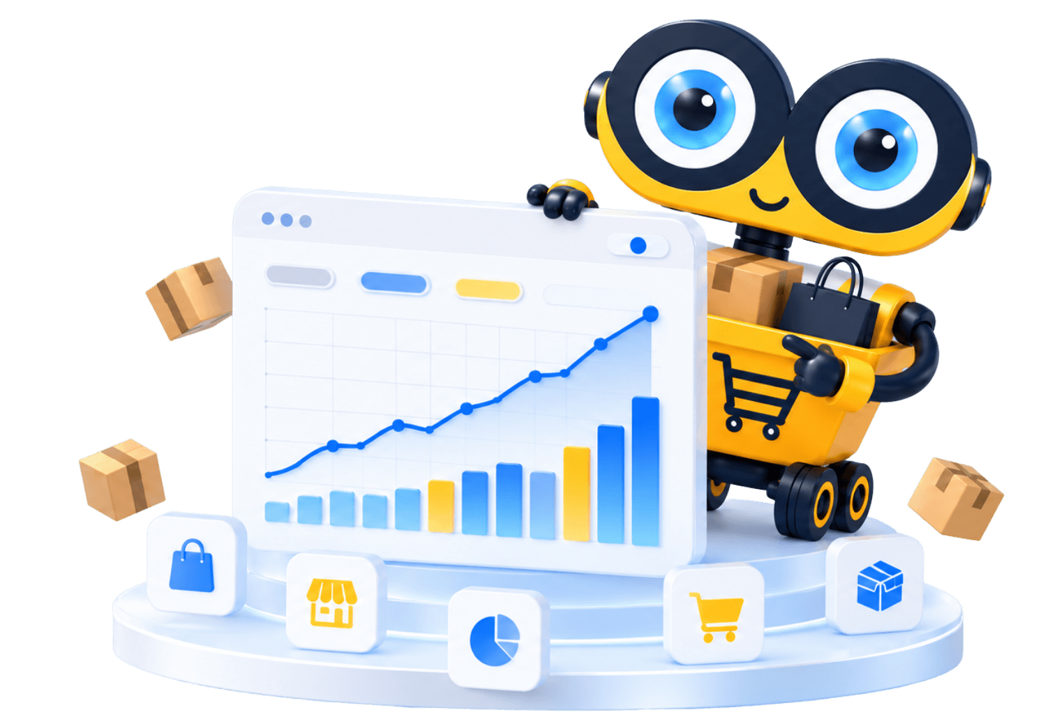 The Sellergoo mascot beside a rising profit chart, parcels and marketplace icons